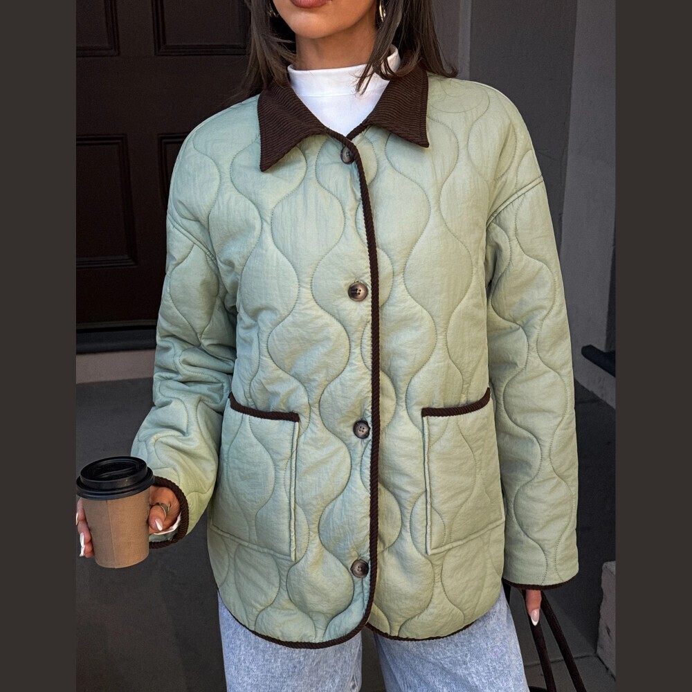 Pale Mint Green Wave Quilted Contrast Trim Corduroy Collar Barn Jacket